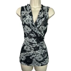 White House Black Market Womens Floral Sleeveless V Neck Mesh Wrap Top Blouse M